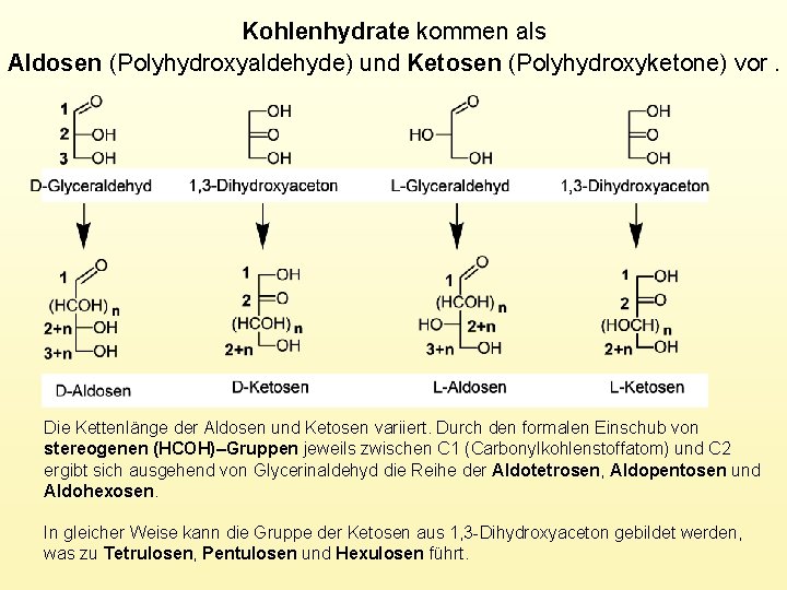 Kohlenhydrate kommen als Aldosen (Polyhydroxyaldehyde) und Ketosen (Polyhydroxyketone) vor. Die Kettenlänge der Aldosen und