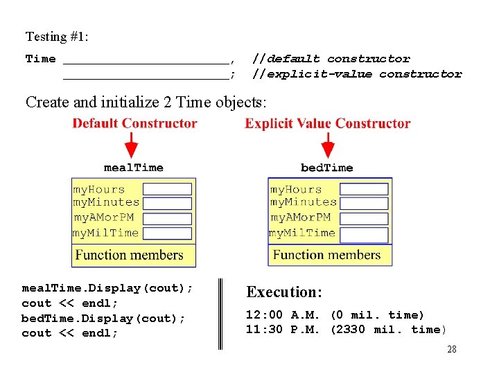 Testing #1: Time _______________, _______________; //default constructor //explicit-value constructor Create and initialize 2 Time