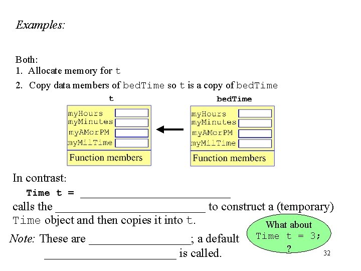 Examples: Both: 1. Allocate memory for t 2. Copy data members of bed. Time
