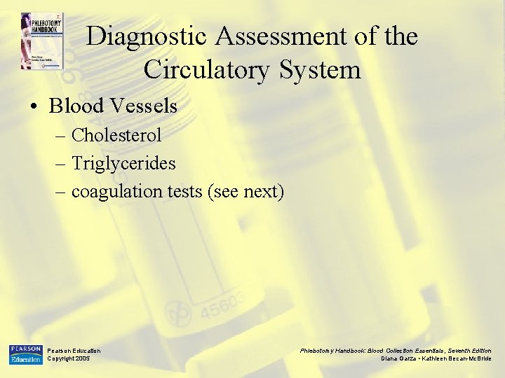 Diagnostic Assessment of the Circulatory System • Blood Vessels – Cholesterol – Triglycerides –