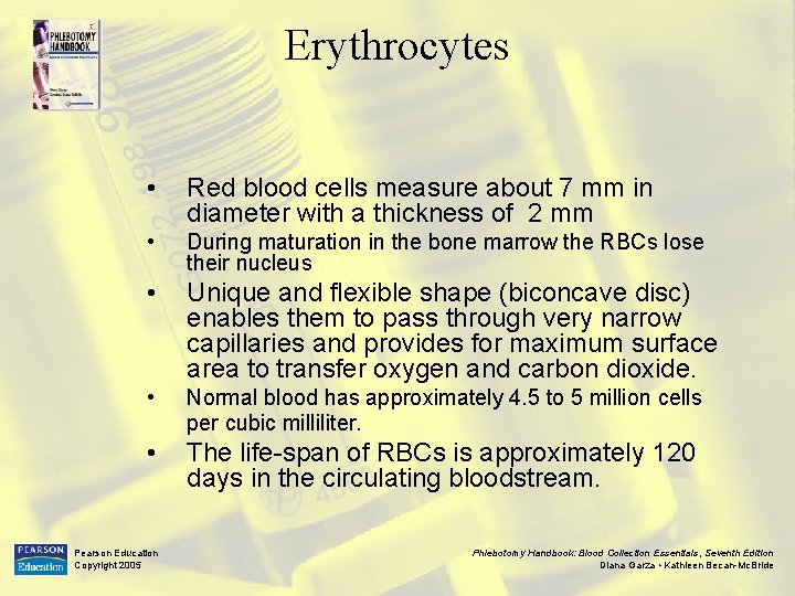 Erythrocytes • Red blood cells measure about 7 mm in diameter with a thickness