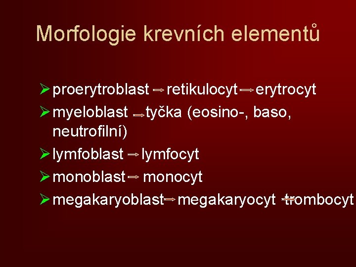 Morfologie krevních elementů Ø proerytroblast retikulocyt erytrocyt Ø myeloblast tyčka (eosino-, baso, neutrofilní) Ø