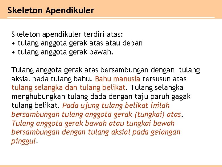 Skeleton Apendikuler Skeleton apendikuler terdiri atas: • tulang anggota gerak atas atau depan •