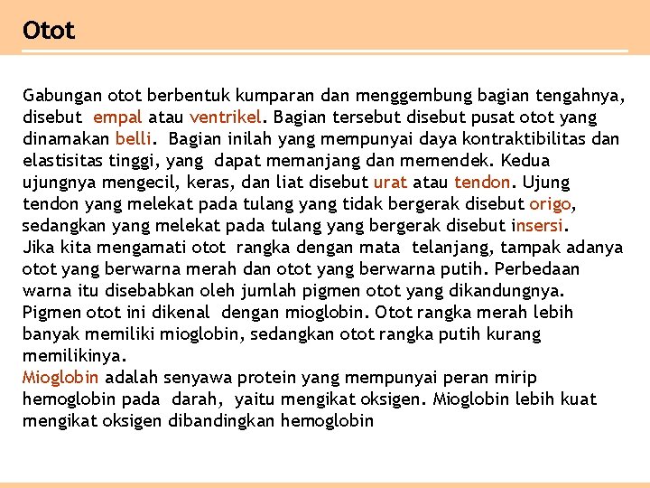 Otot Gabungan otot berbentuk kumparan dan menggembung bagian tengahnya, disebut empal atau ventrikel. Bagian