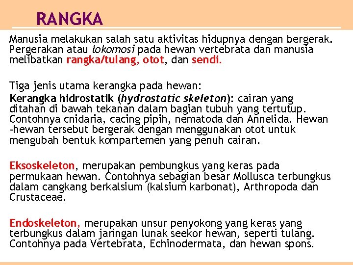 RANGKA Manusia melakukan salah satu aktivitas hidupnya dengan bergerak. Pergerakan atau lokomosi pada hewan