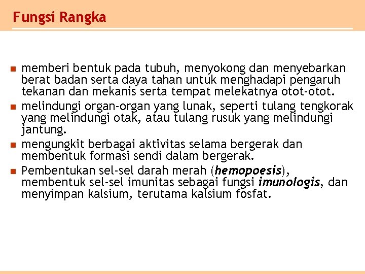 Fungsi Rangka n n memberi bentuk pada tubuh, menyokong dan menyebarkan berat badan serta