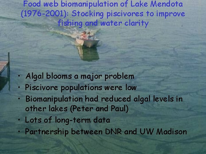 Food web biomanipulation of Lake Mendota (1976 -2001): Stocking piscivores to improve fishing and