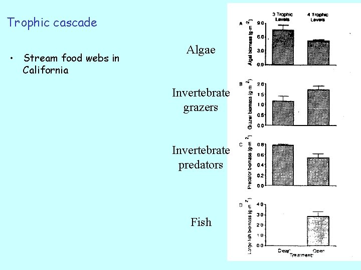 Trophic cascade • Stream food webs in California Algae Invertebrate grazers Invertebrate predators Fish