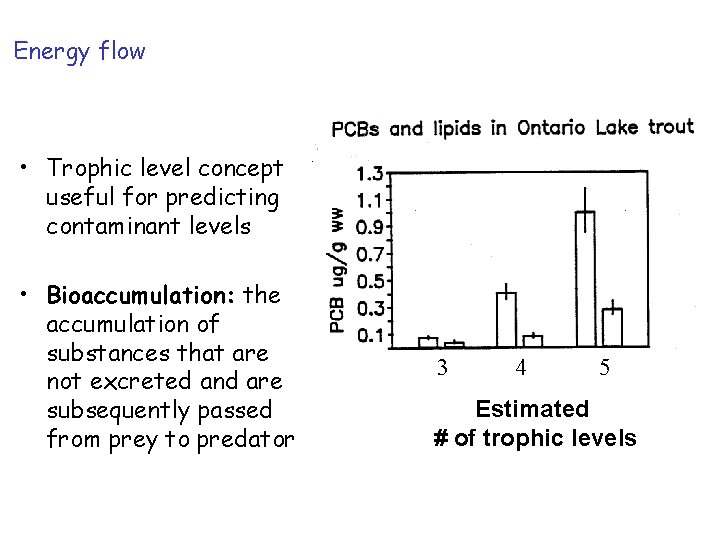 Energy flow • Trophic level concept useful for predicting contaminant levels • Bioaccumulation: the