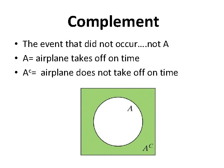 Complement • The event that did not occur…. not A • A= airplane takes Complement • The event that did not occur…. not A • A= airplane takes