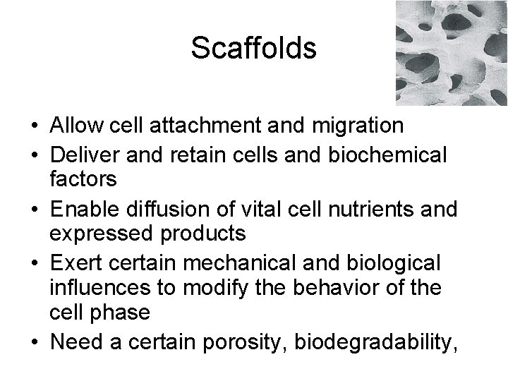Scaffolds • Allow cell attachment and migration • Deliver and retain cells and biochemical