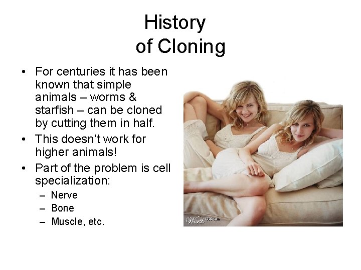 History of Cloning • For centuries it has been known that simple animals –