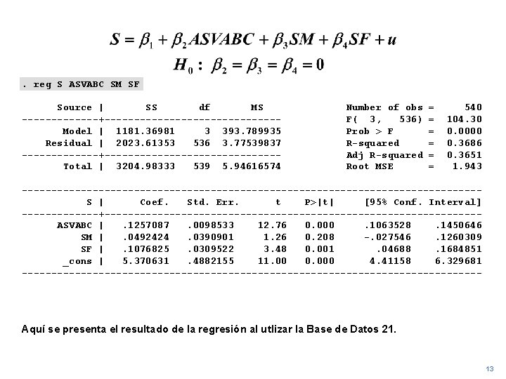 . reg S ASVABC SM SF Source | SS df MS -------+---------------Model | 1181.