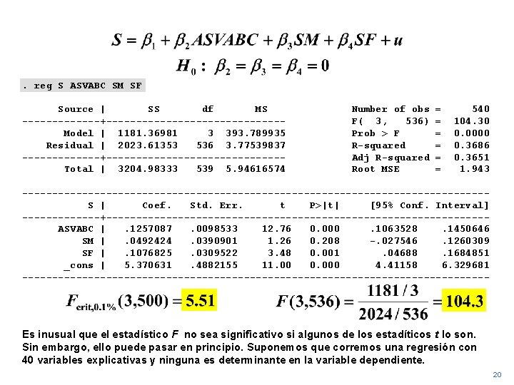 . reg S ASVABC SM SF Source | SS df MS -------+---------------Model | 1181.