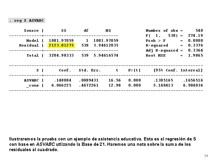 . reg S ASVABC Source | SS df MS -------+---------------Model | 1081. 97059 1