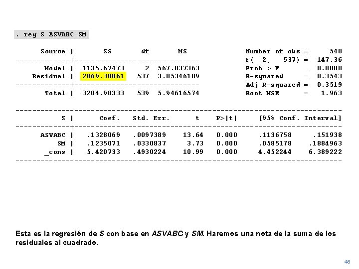 . reg S ASVABC SM Source | SS df MS -------+---------------Model | 1135. 67473