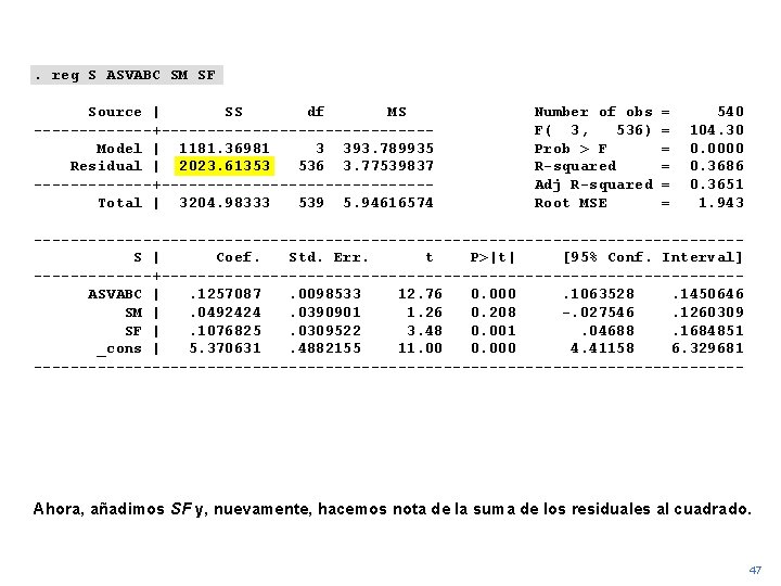 . reg S ASVABC SM SF Source | SS df MS -------+---------------Model | 1181.