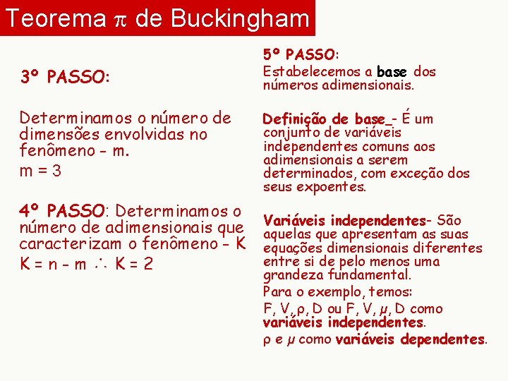 Teorema p de Buckingham 3º PASSO: Determinamos o número de dimensões envolvidas no fenômeno