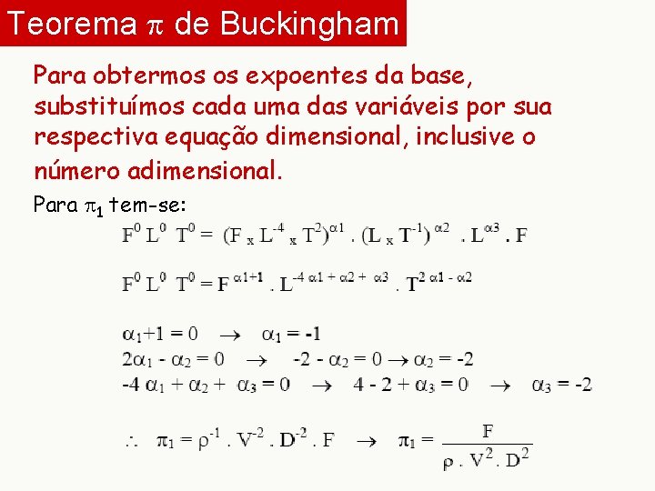 Teorema p de Buckingham Para obtermos os expoentes da base, substituímos cada uma das