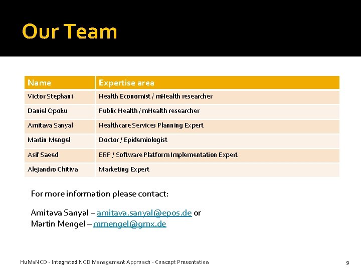 Our Team Name Expertise area Victor Stephani Health Economist / m. Health researcher Daniel