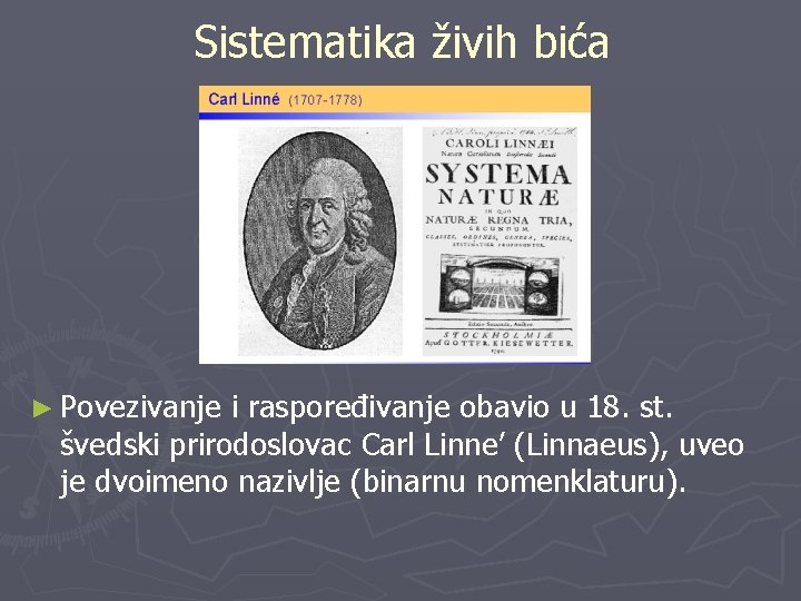 Sistematika živih bića ► Povezivanje i raspoređivanje obavio u 18. st. švedski prirodoslovac Carl