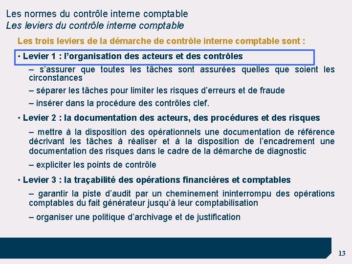Les normes du contrôle interne comptable Les leviers du contrôle interne comptable Les trois