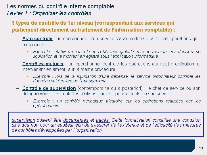 Les normes du contrôle interne comptable Levier 1 : Organiser les contrôles 3 types