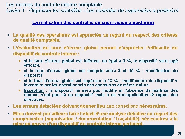 Les normes du contrôle interne comptable Levier 1 : Organiser les contrôles - Les