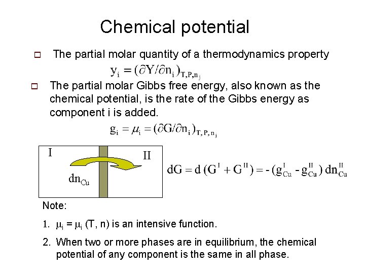 Chemical potential The partial molar quantity of a thermodynamics property o o The partial