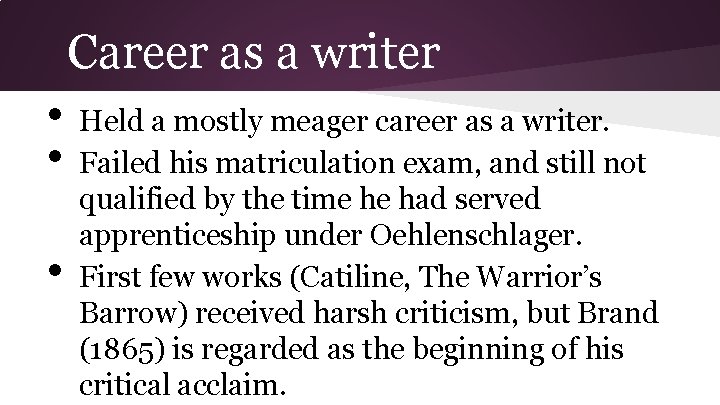 Career as a writer • • • Held a mostly meager career as a