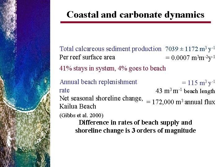 Coastal and carbonate dynamics Total calcareous sediment production 7039 ± 1172 m 3 y-1