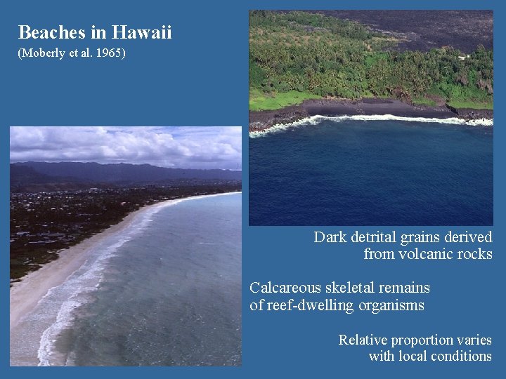Beaches in Hawaii (Moberly et al. 1965) Dark detrital grains derived from volcanic rocks