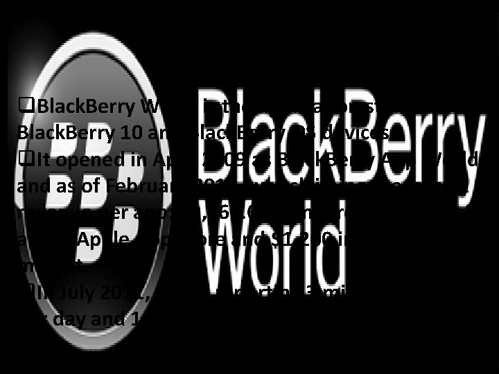  Black Berry World q. Black. Berry World is the application store for Black.