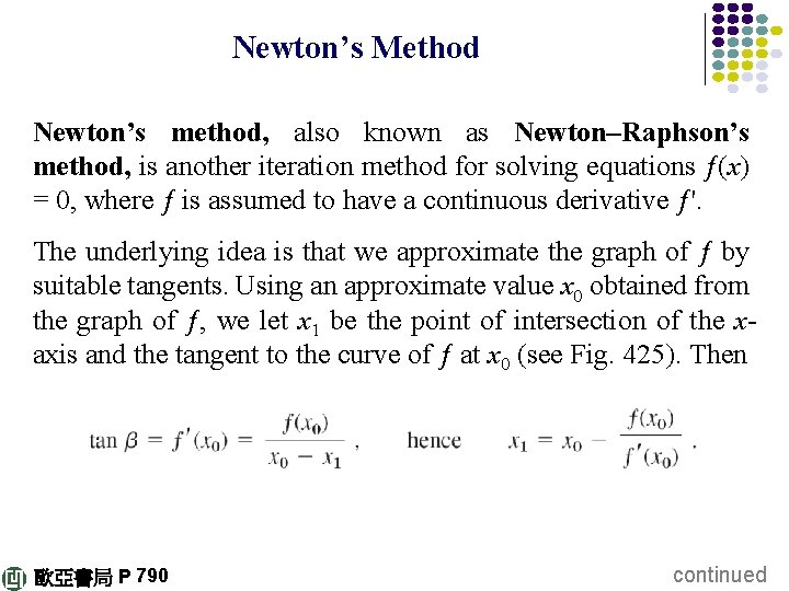 Newton’s Method Newton’s method, also known as Newton–Raphson’s method, is another iteration method for