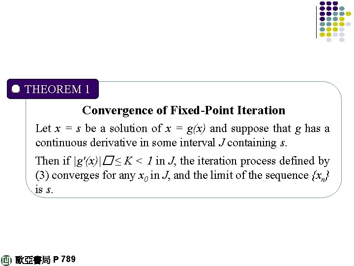 THEOREM 1 Convergence of Fixed-Point Iteration Let x = s be a solution of