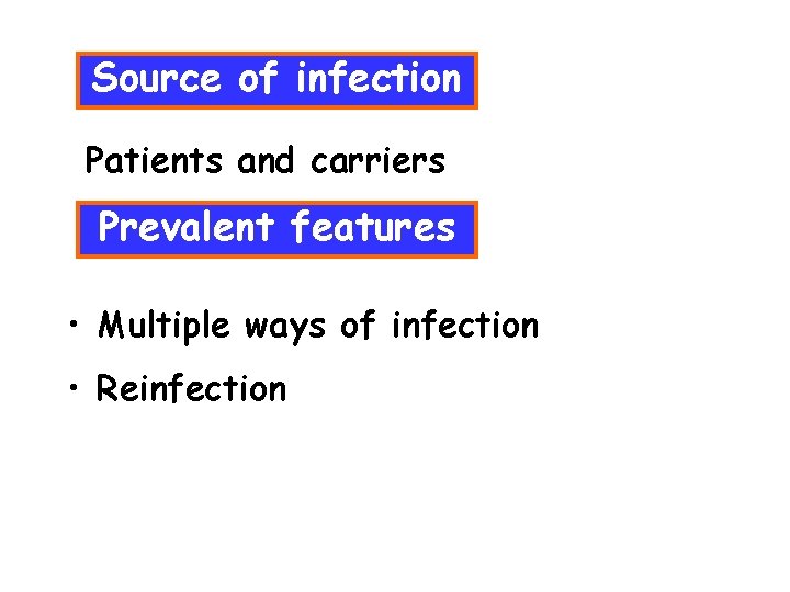 Source of infection Patients and carriers Prevalent features • Multiple ways of infection •