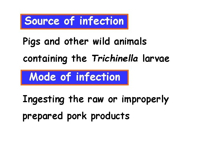 Source of infection Pigs and other wild animals containing the Trichinella larvae Mode of