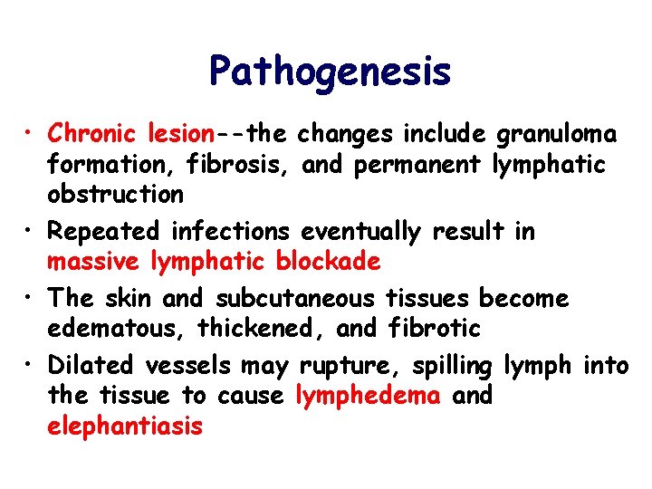 Pathogenesis • Chronic lesion--the changes include granuloma formation, fibrosis, and permanent lymphatic obstruction •