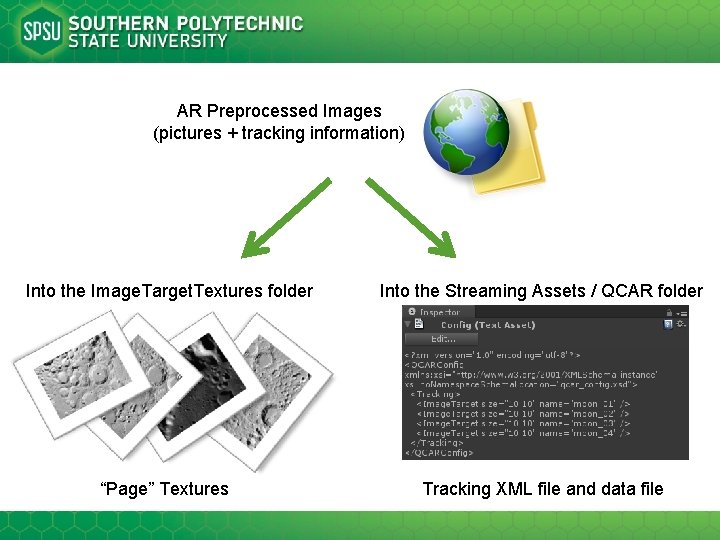 AR Preprocessed Images (pictures + tracking information) Into the Image. Target. Textures folder Into