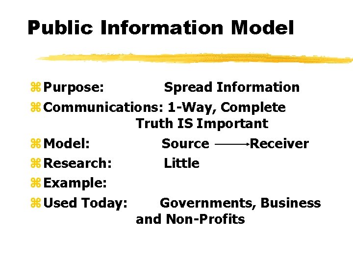 Public Information Model z Purpose: Spread Information z Communications: 1 -Way, Complete Truth IS
