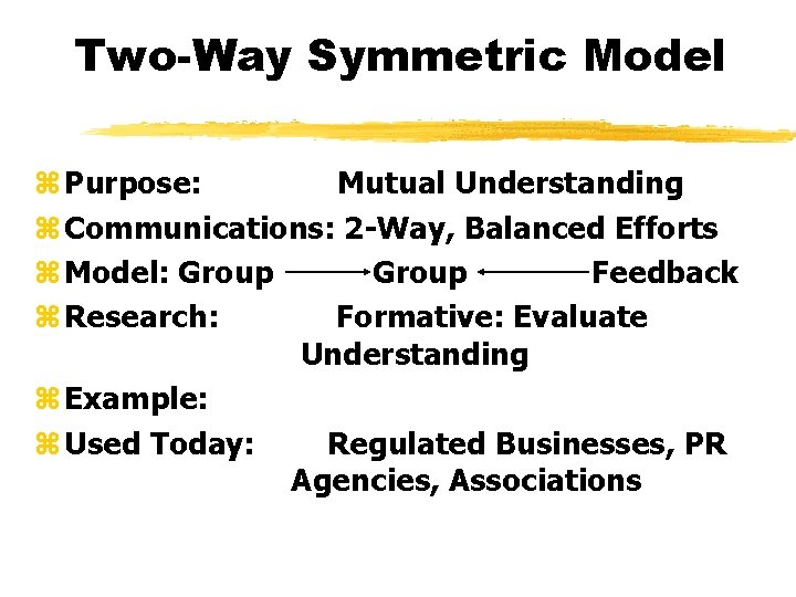 Two-Way Symmetric Model z Purpose: Mutual Understanding z Communications: 2 -Way, Balanced Efforts z