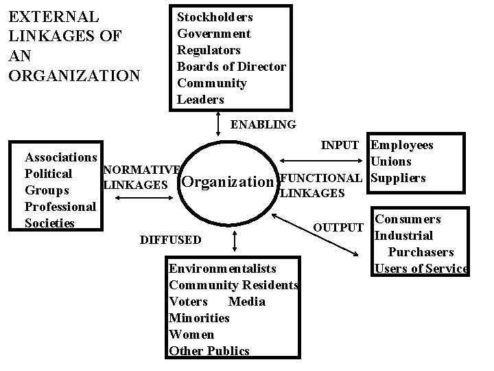 EXTERNAL LINKAGES OF AN ORGANIZATION Stockholders Government Regulators Boards of Director Community Leaders ENABLING