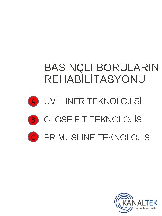 BASINÇLI BORULARIN REHABİLİTASYONU A UV LINER TEKNOLOJİSİ B CLOSE FIT TEKNOLOJİSİ C PRIMUSLINE TEKNOLOJİSİ