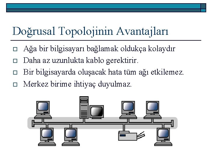 Doğrusal Topolojinin Avantajları o o Ağa bir bilgisayarı bağlamak oldukça kolaydır Daha az uzunlukta