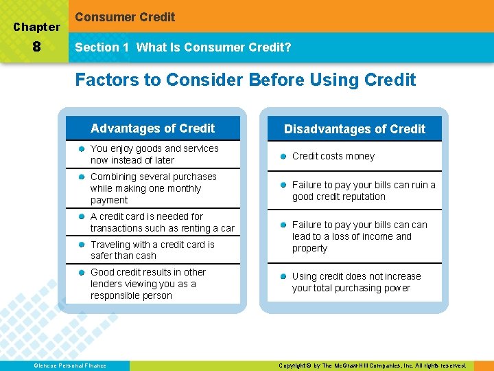 Chapter 8 Consumer Credit Section 1 What Is Consumer Credit? Factors to Consider Before