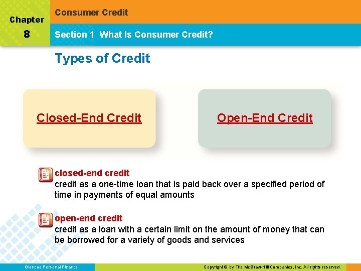 Chapter 8 Consumer Credit Section 1 What Is Consumer Credit? Types of Credit Closed-End