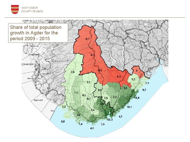 Share of total population growth in Agder for the period 2009 - 2015 