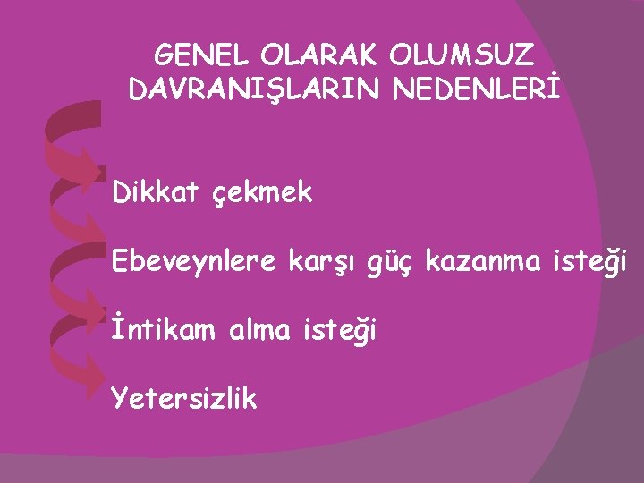 GENEL OLARAK OLUMSUZ DAVRANIŞLARIN NEDENLERİ Dikkat çekmek Ebeveynlere karşı güç kazanma isteği İntikam alma