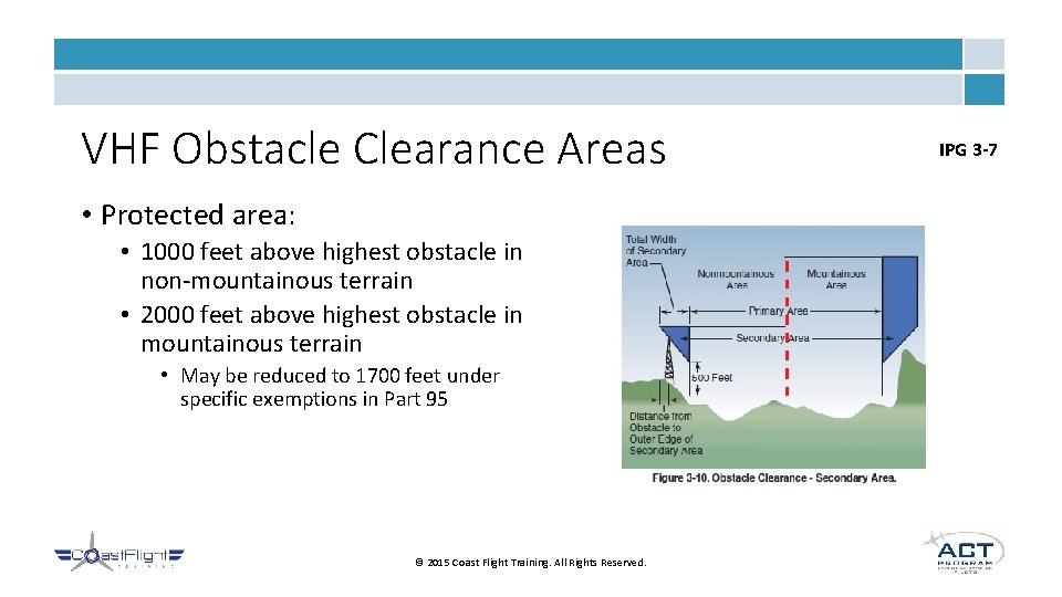 VHF Obstacle Clearance Areas • Protected area: • 1000 feet above highest obstacle in