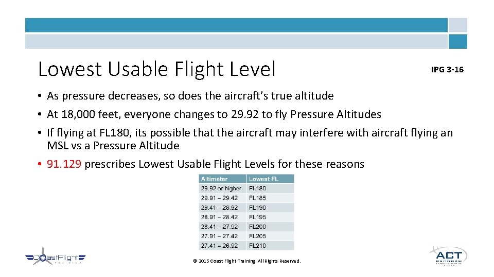 Lowest Usable Flight Level IPG 3 -16 • As pressure decreases, so does the